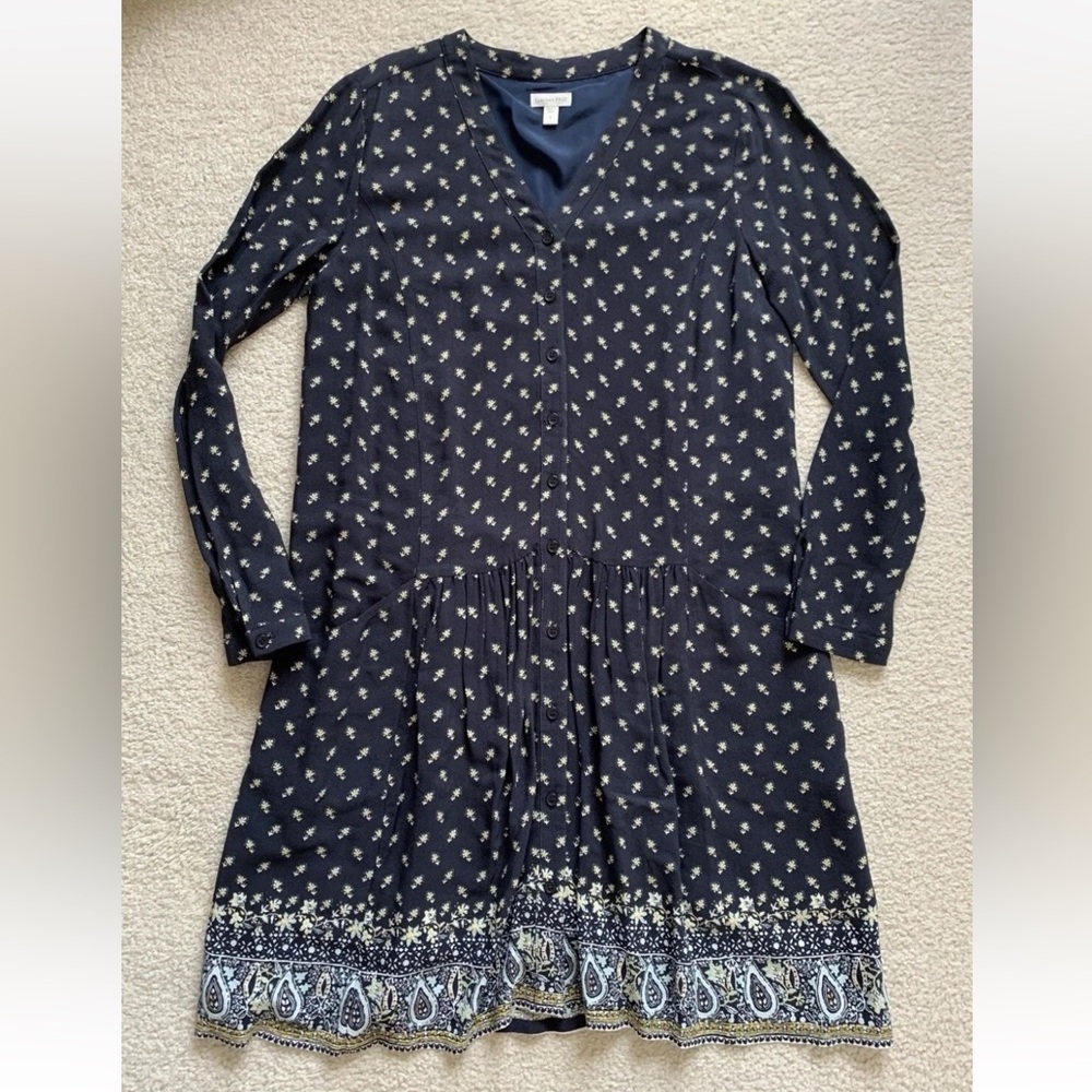 Garnet Hill Drop Waist Shirt Dress 6 Navy Ditzy Floral Long Slv Teacher Office